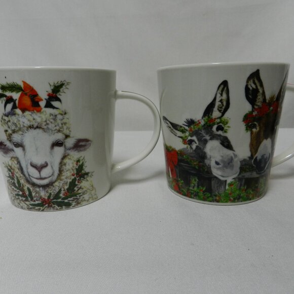 Two Can Art PPD Christmas Donkey Sheep Mug Cup Bone China micro dish 14 oz Set 2 - Picture 2 of 11